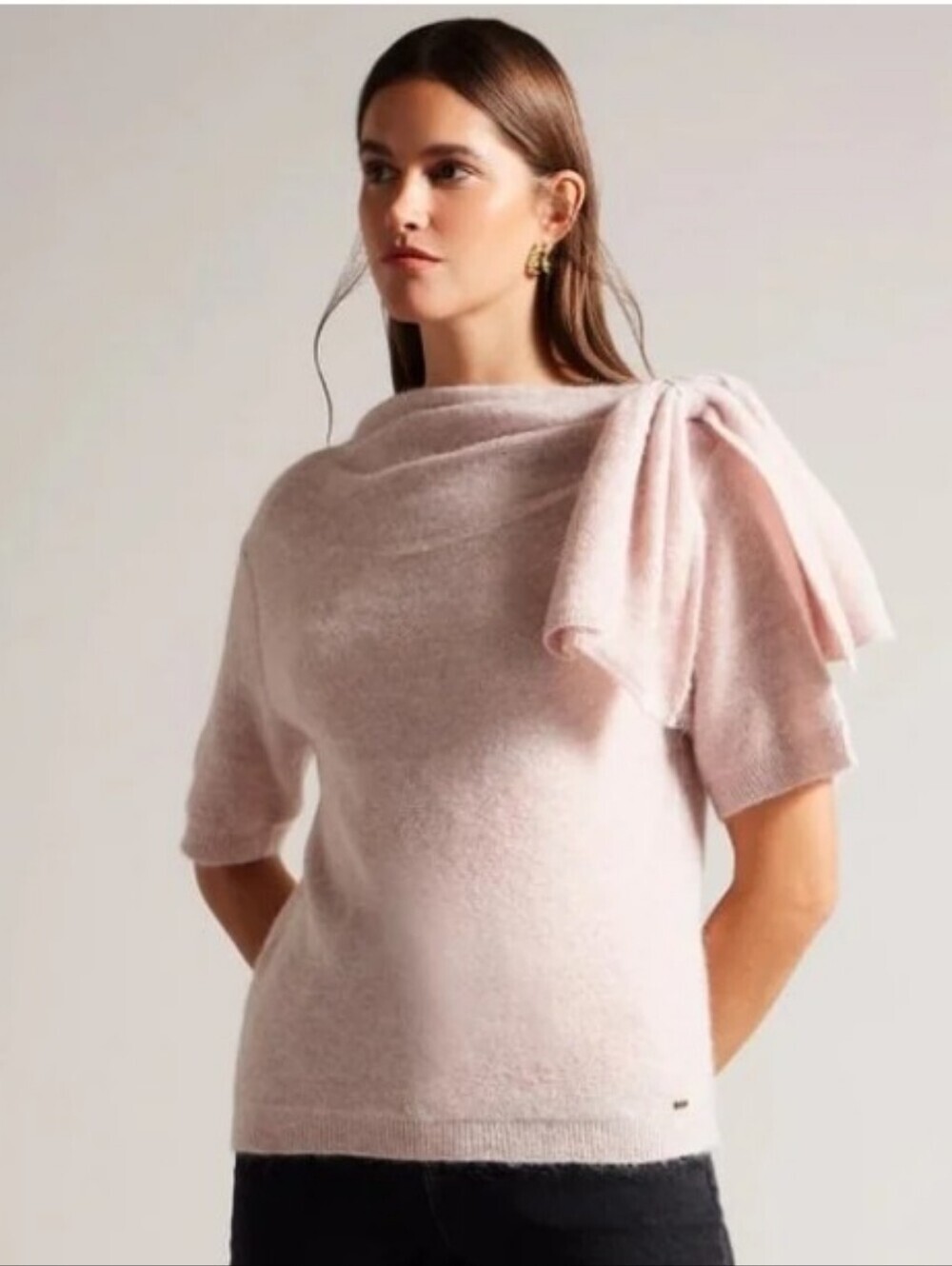 Ted Baker London "Teebow" Short Sleeve Top. Wool. Mohair. Light Pink. Bow. 6 US.